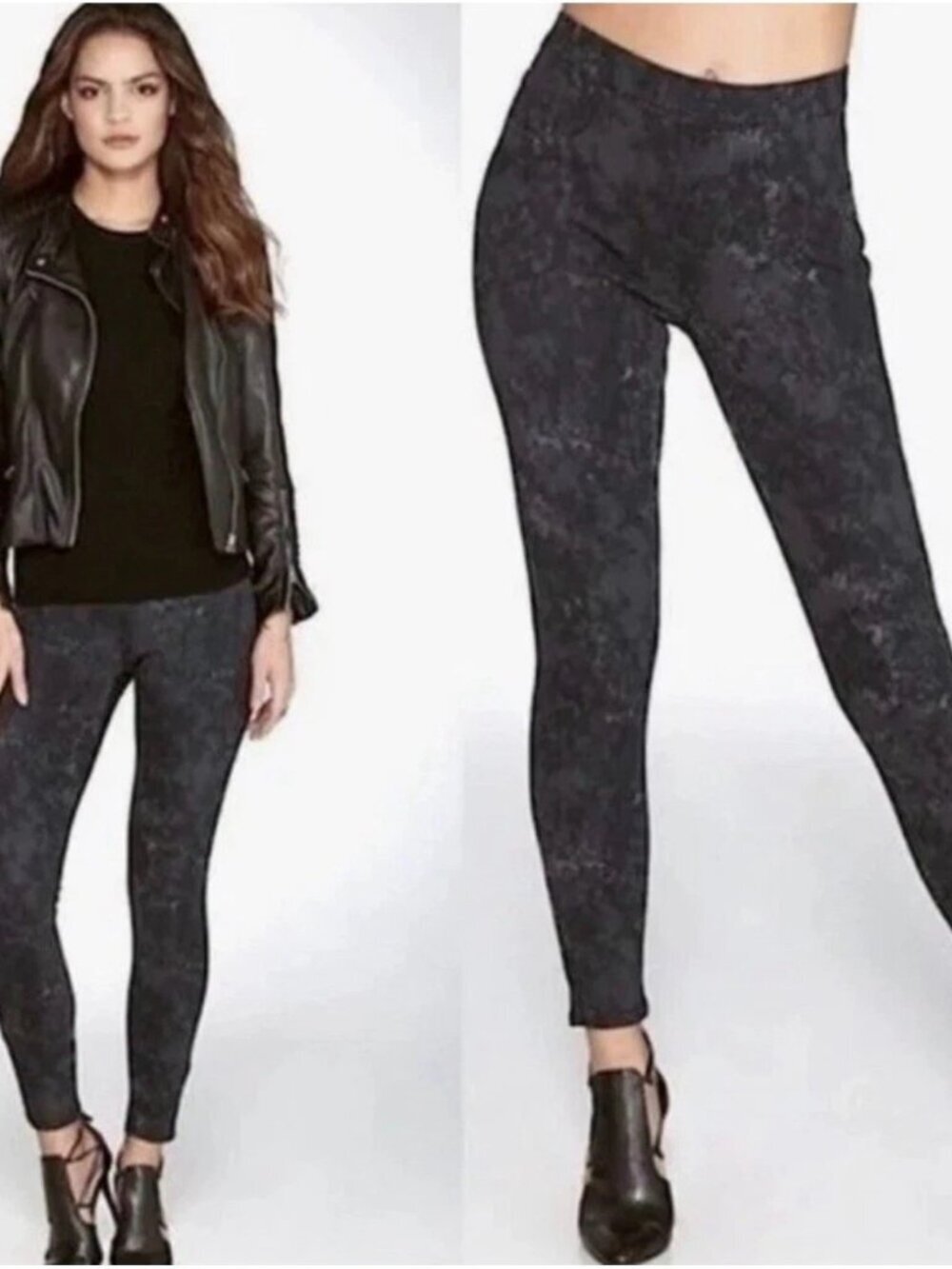 Spanx Jean-ish Pull On Leggings Pants Womens Medium Gray Marble High Rise NEW